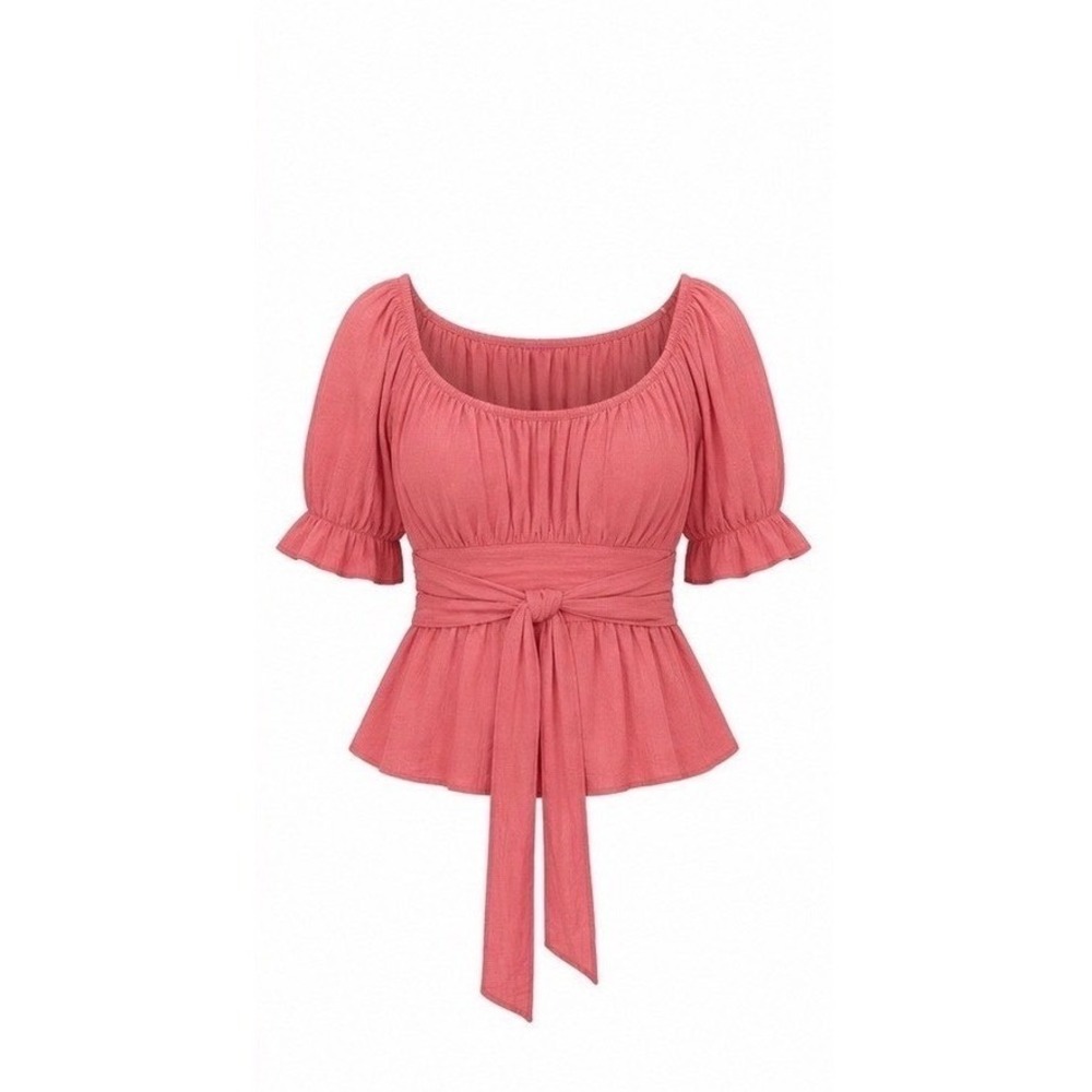 Mi Ami Francesca's Coral Pink Tied Waist Peplum Puff Sleeve Top Medium